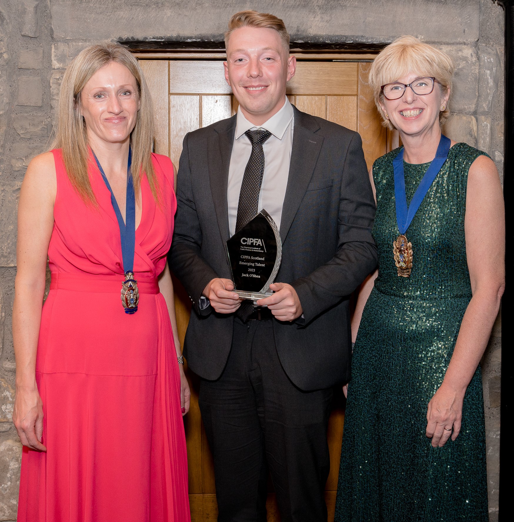 Emerging talent award winner Jack O’Shea standing between Caroline Rassell CIPFA President and Jo Brown CIPFA Scotland Branch Chair